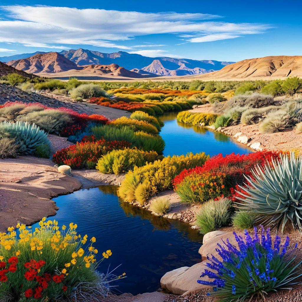 A picturesque New Mexico landscape showcasing diverse water sources, such as a shimmering river flowing through arid desert terrain, vivid wildflowers blooming nearby, and eye-catching, sustainable water management systems like rainwater catchment and solar-powered irrigation. In the background, striking desert mountains under a clear blue sky. super-realistic. vibrant colors.