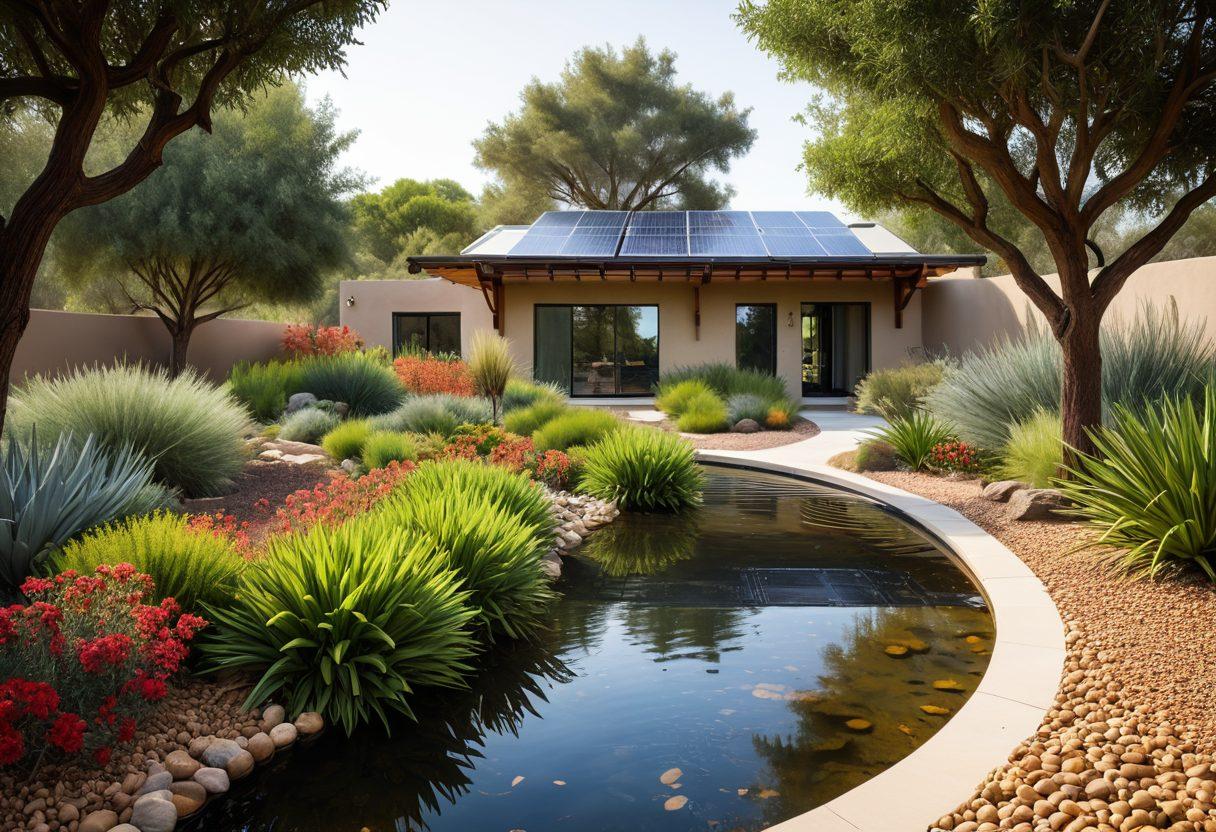 A serene landscape showcasing a mix of traditional and modern water management systems, including a beautifully designed rainwater harvesting system, lush greenery, and flowing streams. Surround the scene with native plants from the Land of Enchantment, under a bright, clear sky to symbolize hope and sustainability. Include elements of technology, such as solar panels and irrigation drones, to emphasize innovation. super-realistic. vibrant colors. white background.