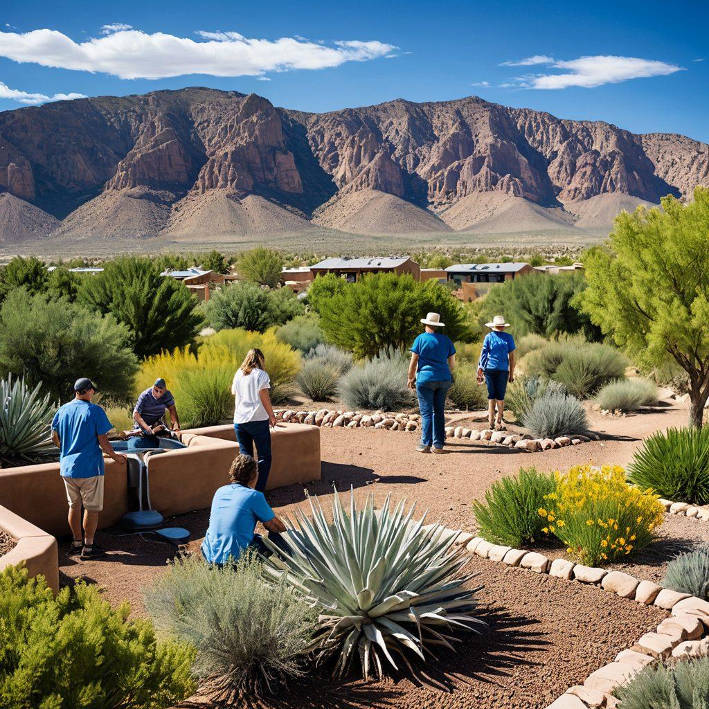 A serene New Mexico landscape showcasing a diverse community engaging in water conservation practices, such as a rainwater harvesting system and community gardens. Include vibrant, arid desert plants with a clear blue sky and mountains in the background. Friends and families collaborating near a water source, symbolizing accessibility and unity. Bright colors and cultural elements representing local traditions. super-realistic. vibrant colors. scenic background.